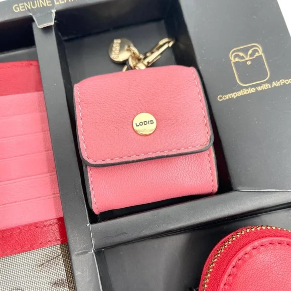 LODIS Genuine Leather Tech Gift Set Airpod Case Wallet Pink Red NIB - Picture 4 of 13